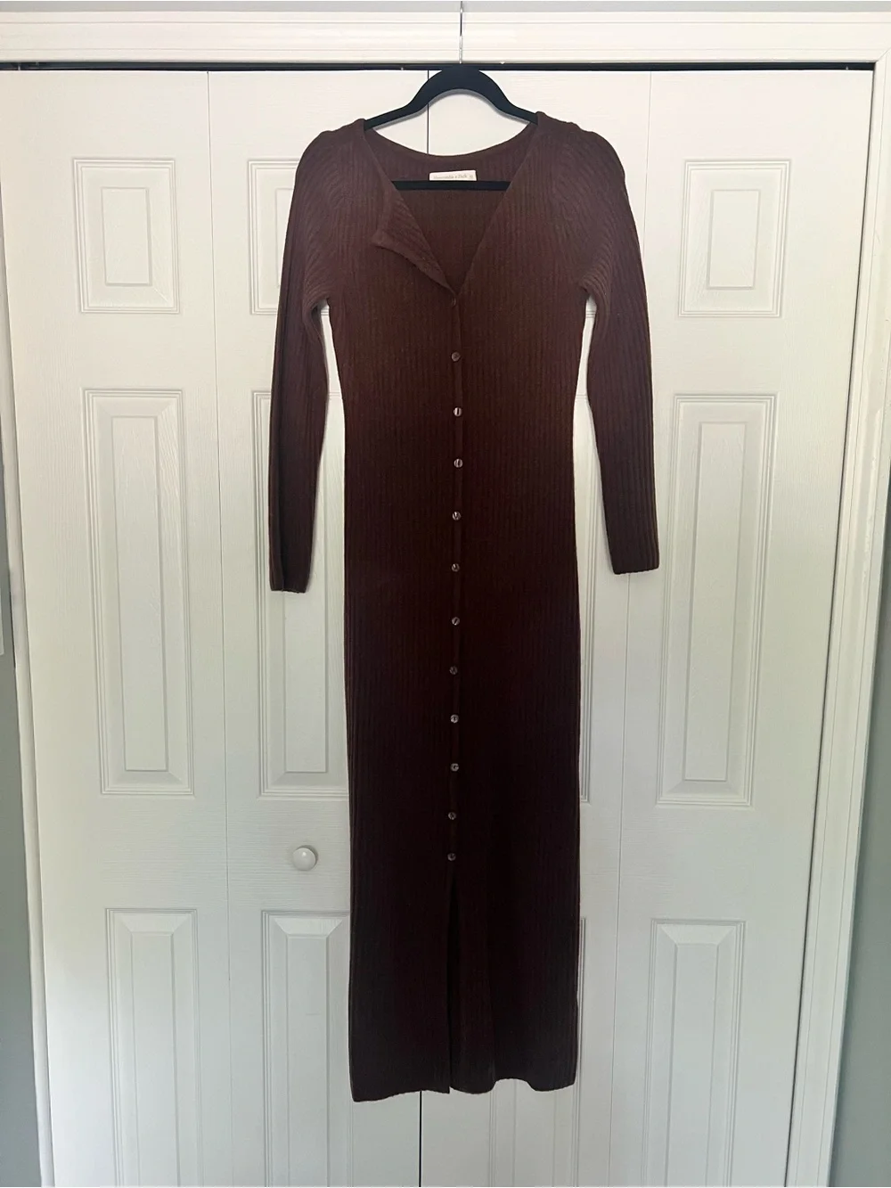 Abercrombie Ribbed Button-Front Long Sleeve Maxi Dress - Brown